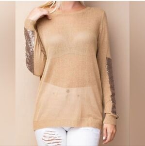 EUC L Love Size M/L Tan Sheer Knit Top With Rhinestone Patches On Arms!